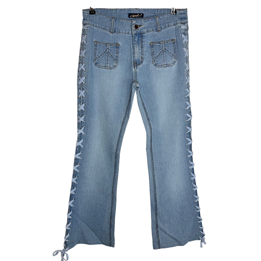Vintage Y2K Midrise‎ Light Wash Lace Up Flare Jeans Sz9 Boho Western Festival